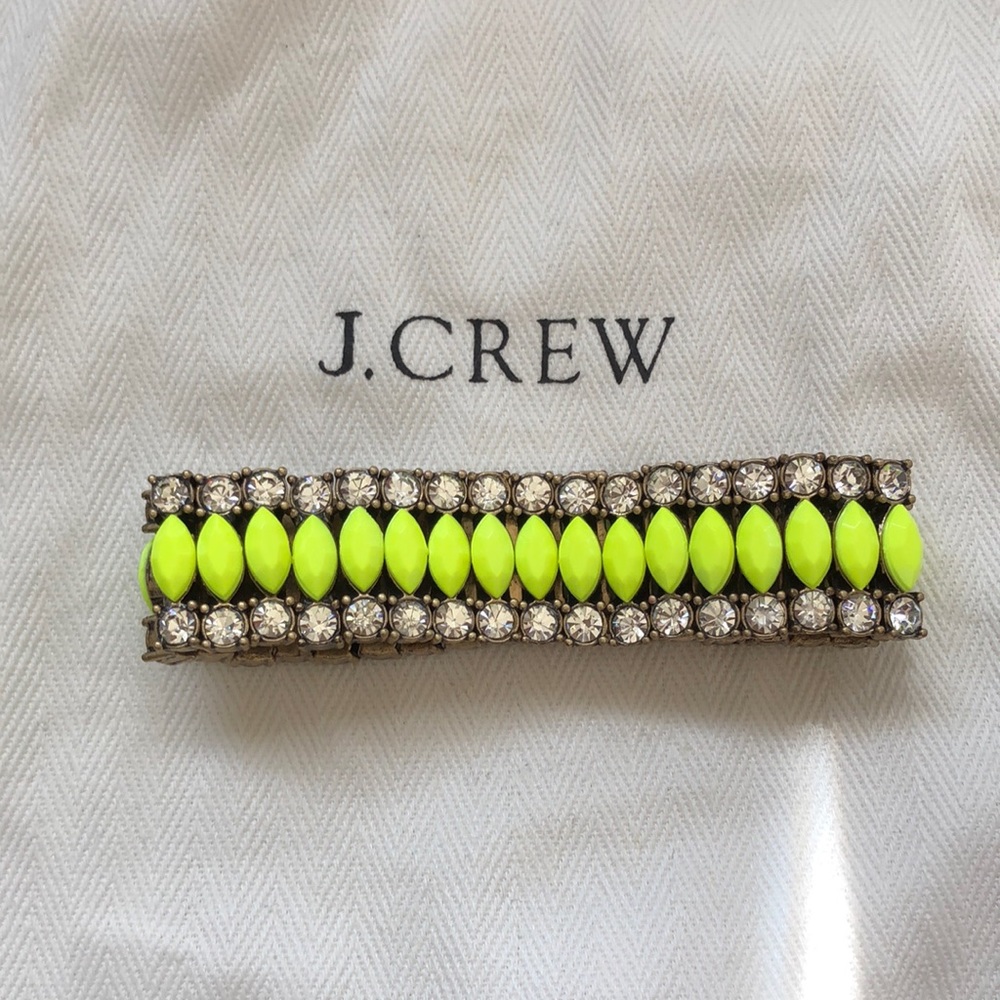 J crew neon yellow stretch bracelet with white rhinestones